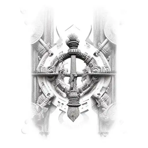 Left male skinny arm with tattoo on theme:  Door Rome, History, Warriors, Spiral, Spears, Shields, Black Saturated Color tattoo design idea