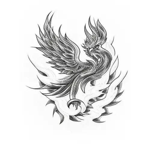 A black and grey tattoo of a phoenix rising from the ashes, symbolizing your mom's victory over cancer tattoo design idea