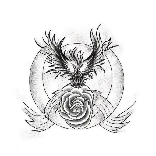 A black and grey tattoo of a phoenix rising from the ashes, symbolizing your mom's victory over cancer tattoo design idea