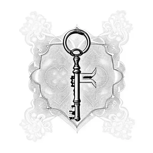 A blackwork tattoo of a vintage key with intricate patterns and the dates of your grandparents' passing, symbolizing the key to your heart that they will always hold. tattoo design idea