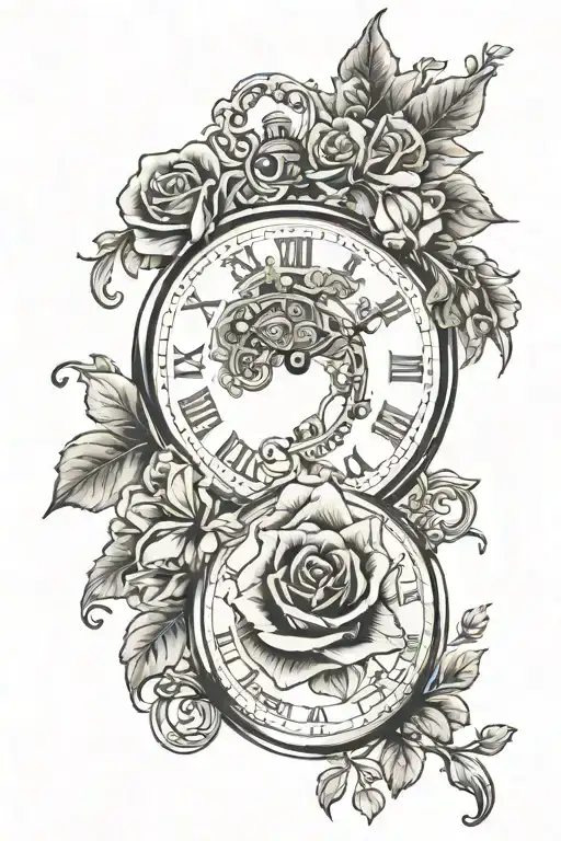 antique watch, daughter's birth with the date 01/12/2024, family values tattoo design idea