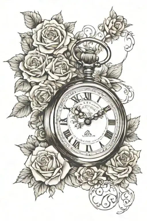 antique watch, birth of a daughter with the date 01/12/2024, family values, Bogdana, time flies tattoo design idea