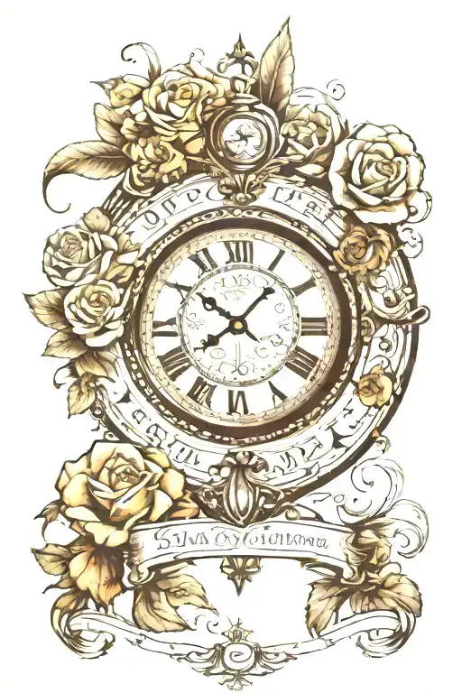 antique wall clock, birth of a daughter with the date 01/12/2024, family values, Bogdana, time flies tattoo design idea