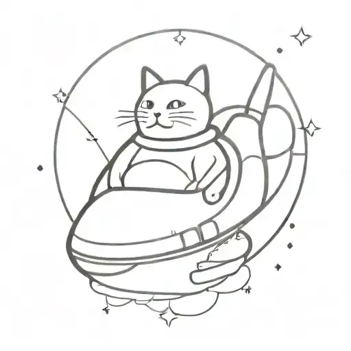 A minimalist outline of a spaceship traveling through a galaxy, with a cat sitting in the cockpit tattoo design idea