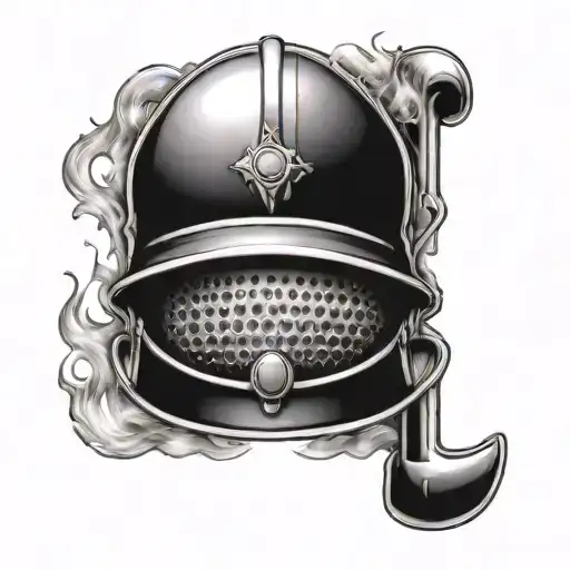 A golf-themed tattoo design incorporating firefighting elements such as flames and a fire chief's helmet in a dotwork style tattoo design idea