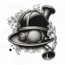 A golf-themed tattoo design incorporating firefighting elements such as flames and a fire chief's helmet in a dotwork style tattoo design idea