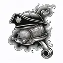 A golf-themed tattoo design incorporating firefighting elements such as flames and a fire chief's helmet in a dotwork style tattoo design idea