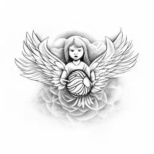 An angel holding a volleyball with wings made of blooming flowers tattoo design idea