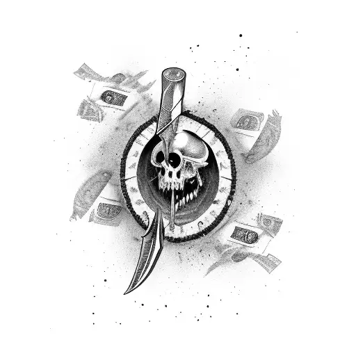 A macabre scene of a bloody dagger piercing through a pile of dollar bills tattoo design idea