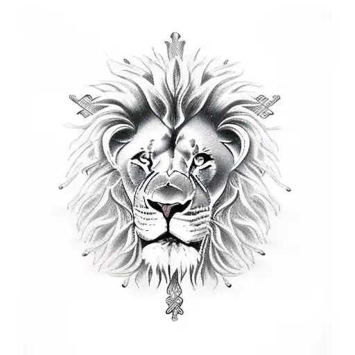  Cross with lion and thorn crown tattoo design idea