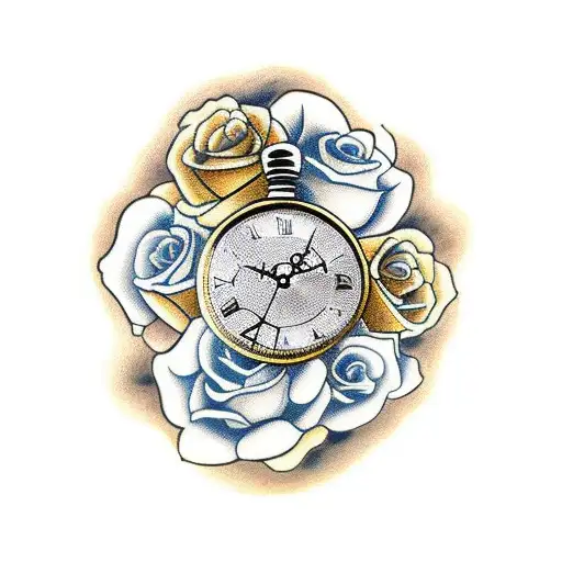 gold Clock with roses tattoo design idea