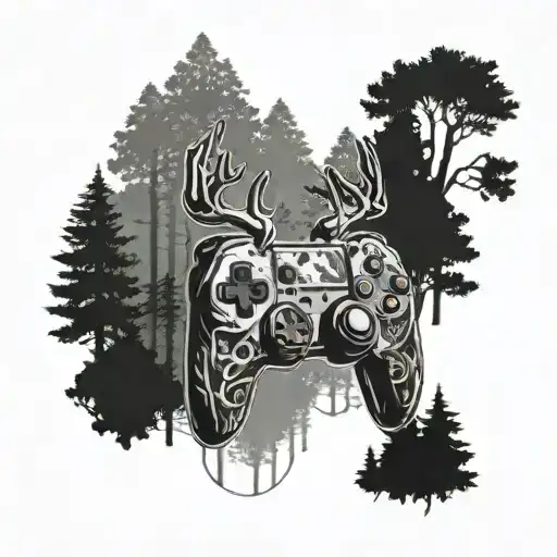 A detailed blackwork tattoo of a deer in a forest, with a gaming controller hidden in the background tattoo design idea