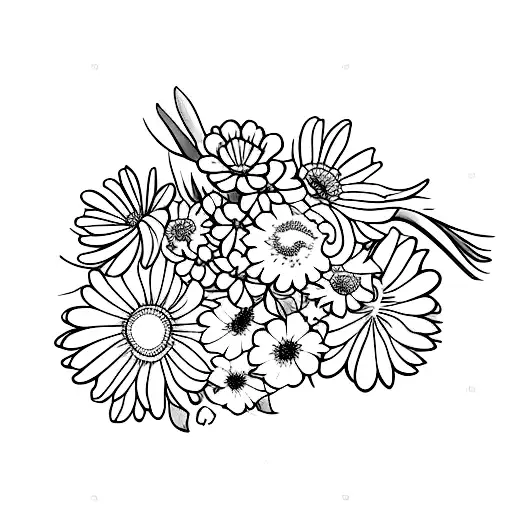 flower bouquet with Carnation, daisy, marigold, gladiolus  tattoo design idea
