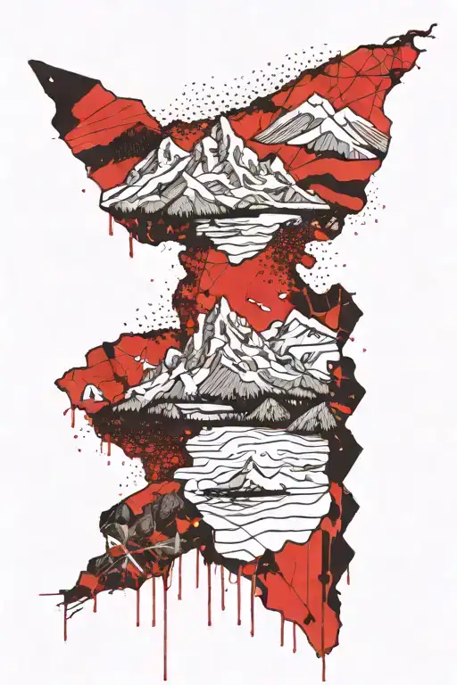 topographic map fading to mountain range with lake  tattoo design idea