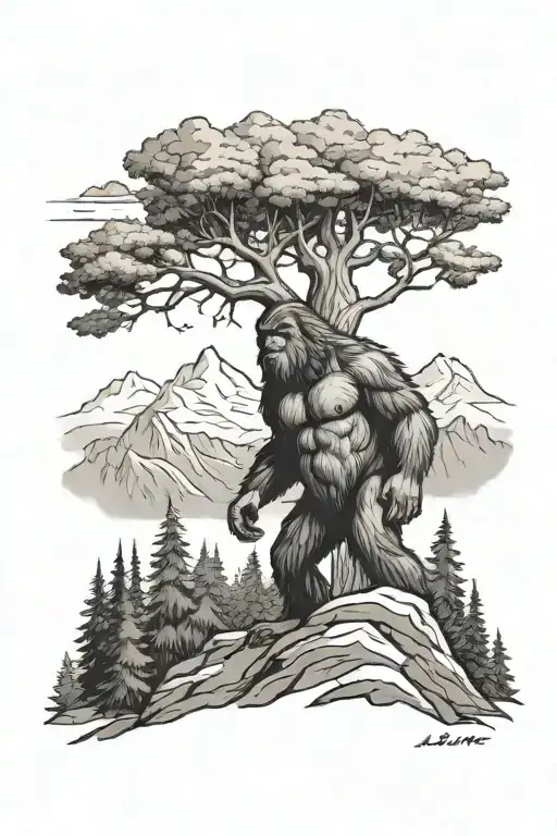 Mountains trees and bigfoot  tattoo design idea