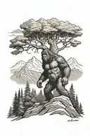 Mountains trees and bigfoot  tattoo design idea