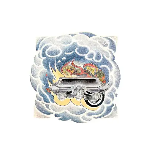 A vintage car speeding through a fiery tunnel with musical instruments in the background tattoo design idea