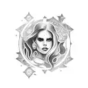 Lana del Rey's signature surrounded by celestial elements tattoo design idea