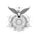 Lana del Rey's signature surrounded by celestial elements tattoo design idea