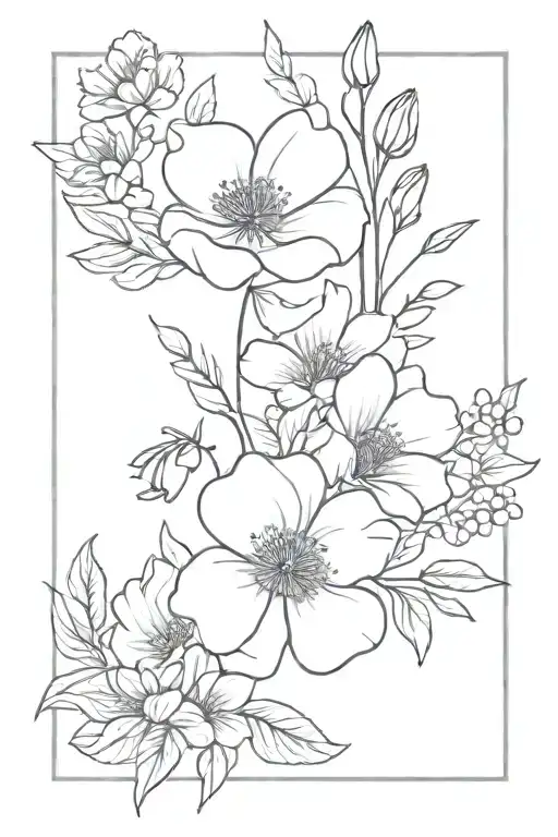 minimalist flower bouquet with each flower being one of august, november, october, and april's birth flower tattoo design idea