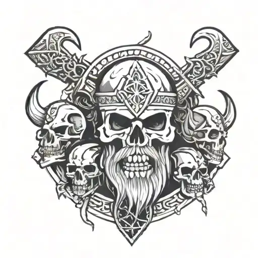 4 viking soldier bearded skulls surrounded with rune tattoo design idea