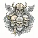 4 viking soldier bearded skulls surrounded with rune tattoo design idea