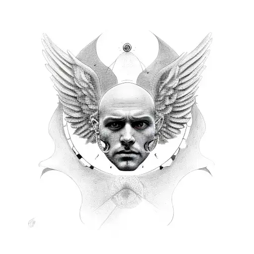 a cradle with two faces, and one has angel wings tattoo design idea