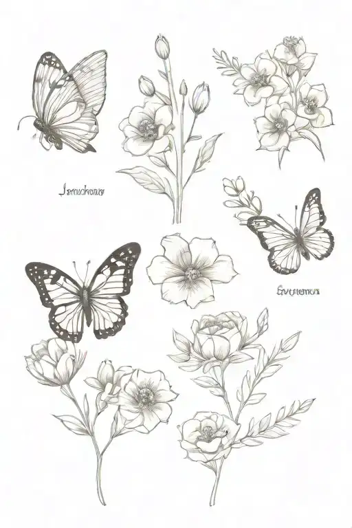 January, February, August and December birth flowers with butterfly on February and December flowers  tattoo design idea