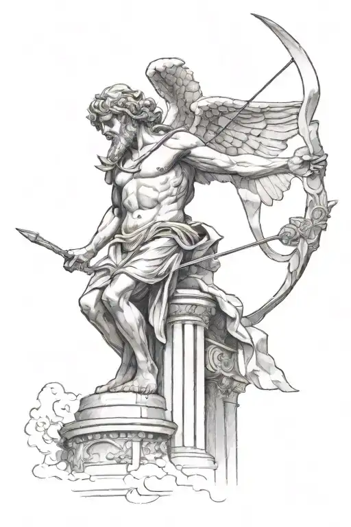 "Create a black and white tattoo sketch featuring only the ancient Greek building and an angel with an arrow sitting on  tattoo design idea