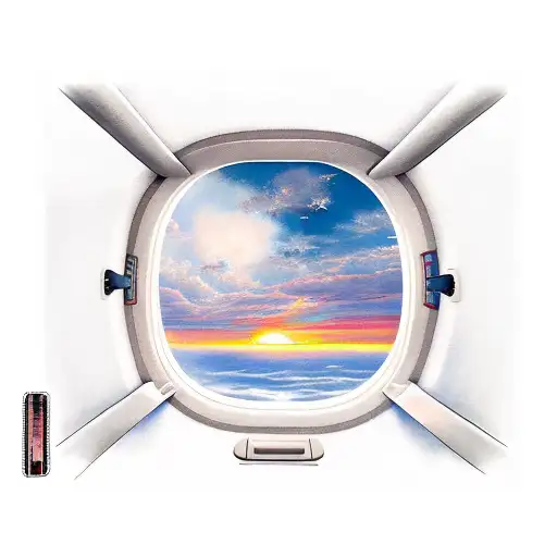 inside airplane window with sunset clouds tattoo design idea