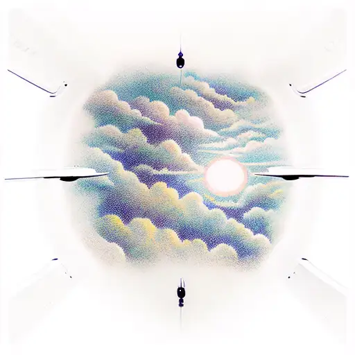 inside airplane window with sunset clouds tattoo design idea