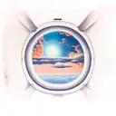 inside airplane window with sunset clouds tattoo design idea