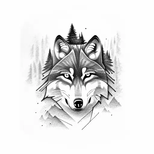 wolf with red eyes and a forest in the background tattoo design idea