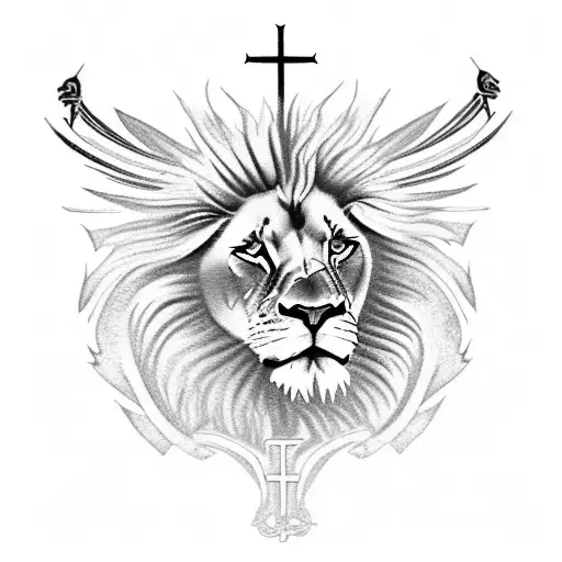 A majestic lion with green eyes roaring on the African savannah, with a background of a cross and a sword, symbolizing your faith and dedication to God as well as your warrior spirit as an Army ranger tattoo design idea