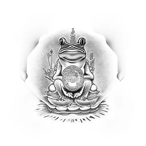 Frog on a throne with coins and looking at itself in handheld mirror and sees reflection of Buddha in it tattoo design idea