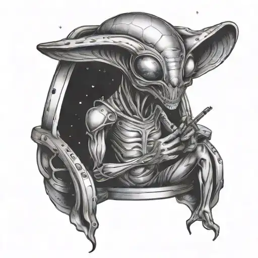 Alien smoking a joint in a spaceship tattoo design idea