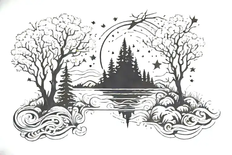 A mystical forest scene with the moon and stars shining through the trees, reflecting in a river below tattoo design idea