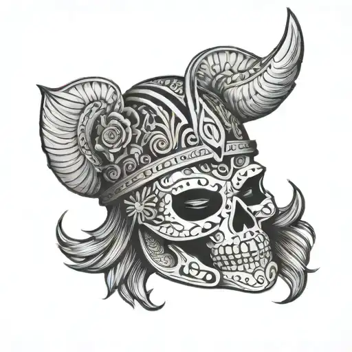 Mexican Day of the Dead Viking helmet with intricate black-grey shading tattoo design idea