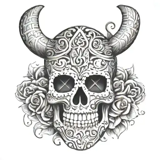 Mexican sugar skull adorned with Viking runes tattoo design idea