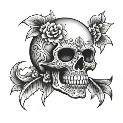 A unique fusion of Mexican and Hawaiian tattoo styles, featuring a skull and traditional motifs representing the client's passions tattoo design idea