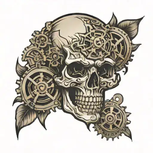 skull and cogs clock tattoo design idea