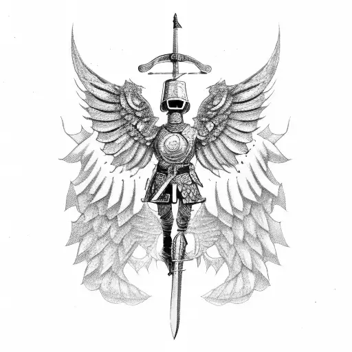 armoured men with wings standing holding a sword in the middle tattoo design idea