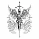 armoured men with wings standing holding a sword in the middle tattoo design idea