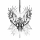 armoured men with wings standing holding a sword in the middle tattoo design idea