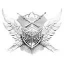 armoured men with wings standing holding a sword in the middle tattoo design idea