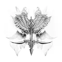 armoured men with wings standing holding a sword in the middle tattoo design idea