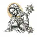 the virgin mary praying hands holding a rosery wrapped around the hand and rose buttom of mary and palacios in cursive m tattoo design idea