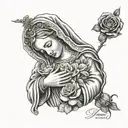 the virgin mary praying hands holding a rosery wrapped around the hand and rose buttom of mary and palacios in cursive m tattoo design idea