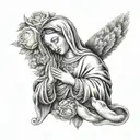 the virgin mary praying hands holding a rosery wrapped around the hand and rose buttom of mary and palacios in cursive m tattoo design idea