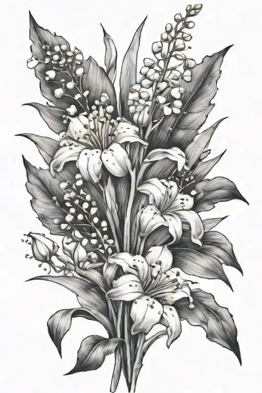 lily of the valley gladioli and dandelion flower tattoo design idea